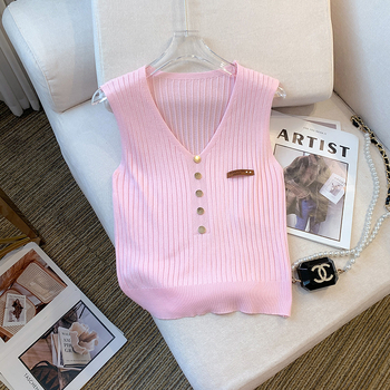 Fotografie reală în stoc Vară nouă, stil coreean, subțire, cu decolteu în V, fără mâneci, tricou, vestă de mătase glacială pentru femei