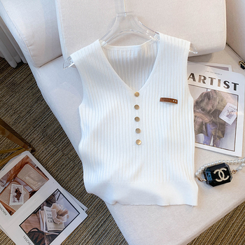 Fotografie reală în stoc Vară nouă, stil coreean, subțire, cu decolteu în V, fără mâneci, tricou, vestă de mătase glacială pentru femei