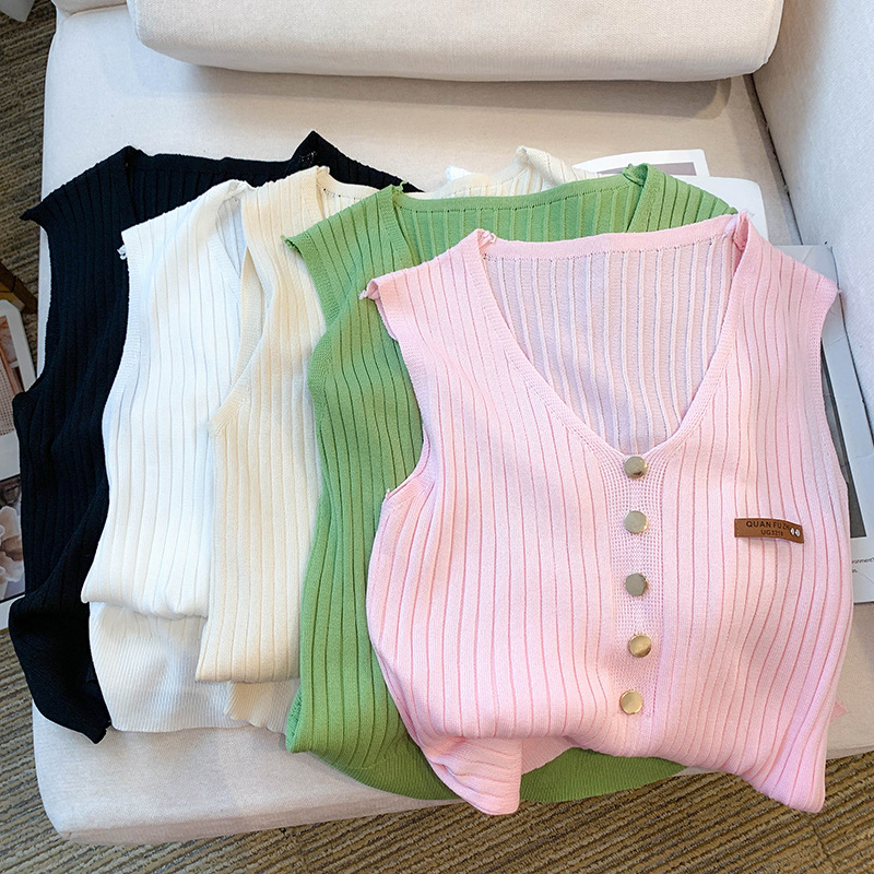 Fotografie reală în stoc Vară nouă, stil coreean, subțire, cu decolteu în V, fără mâneci, tricou, vestă de mătase glacială pentru femei