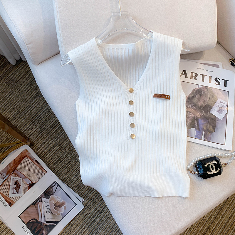 Fotografie reală în stoc Vară nouă, stil coreean, subțire, cu decolteu în V, fără mâneci, tricou, vestă de mătase glacială pentru femei