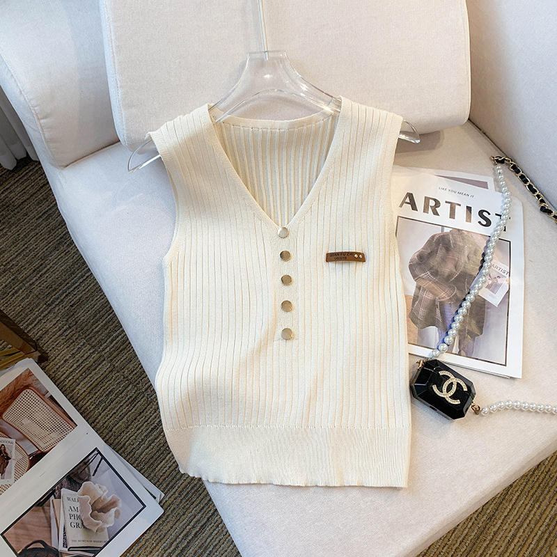 Fotografie reală în stoc Vară nouă, stil coreean, subțire, cu decolteu în V, fără mâneci, tricou, vestă de mătase glacială pentru femei