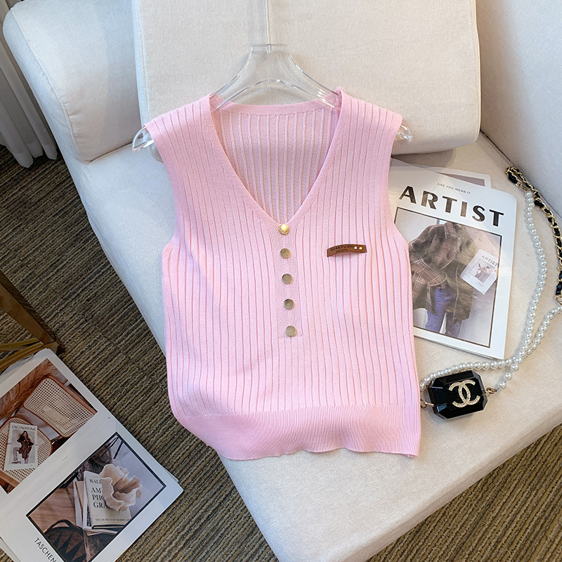 Fotografie reală în stoc Vară nouă, stil coreean, subțire, cu decolteu în V, fără mâneci, tricou, vestă de mătase glacială pentru femei