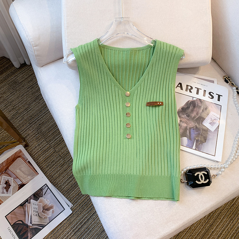 Fotografie reală în stoc Vară nouă, stil coreean, subțire, cu decolteu în V, fără mâneci, tricou, vestă de mătase glacială pentru femei