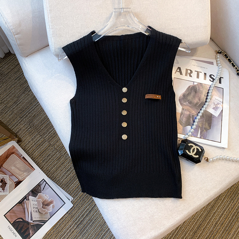 Fotografie reală în stoc Vară nouă, stil coreean, subțire, cu decolteu în V, fără mâneci, tricou, vestă de mătase glacială pentru femei