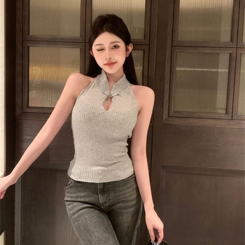 Nauja kiniško stiliaus dengta tuščiavidurė kabanti apykaklė be rankovių megzta moteriška vasarinė „Spice Girl“ plona viršutinio drabužio „Guofeng“ palaidinė