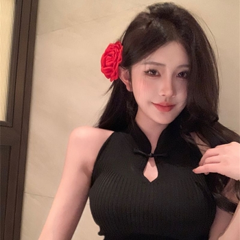 Nauja kiniško stiliaus dengta tuščiavidurė kabanti apykaklė be rankovių megzta moteriška vasarinė „Spice Girl“ plona viršutinio drabužio „Guofeng“ palaidinė