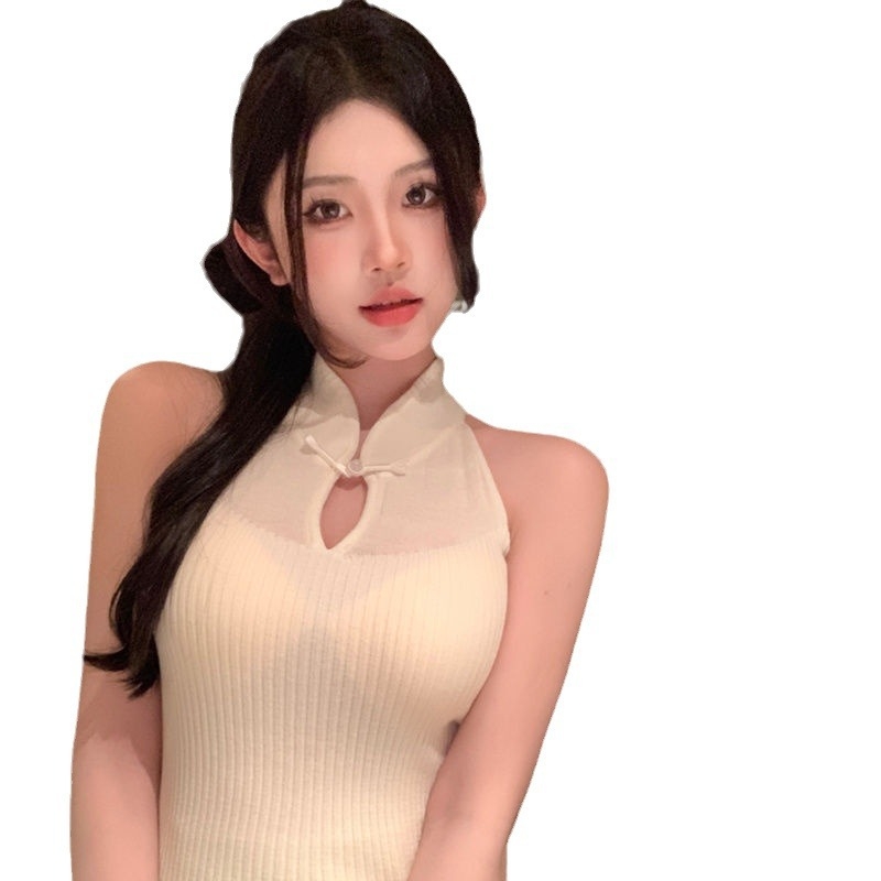 Nauja kiniško stiliaus dengta tuščiavidurė kabanti apykaklė be rankovių megzta moteriška vasarinė „Spice Girl“ plona viršutinio drabužio „Guofeng“ palaidinė