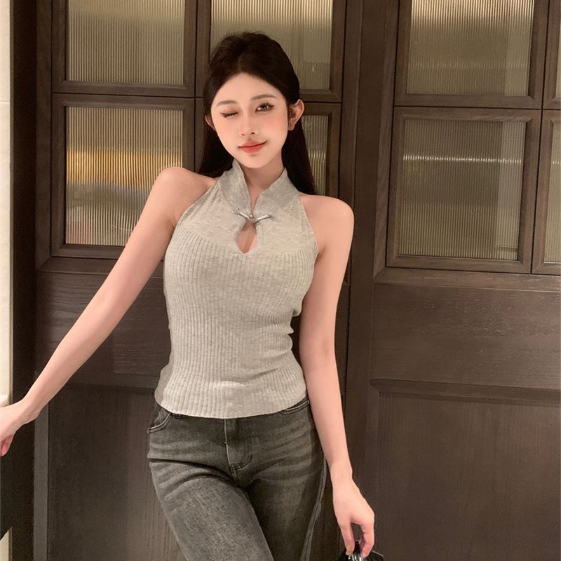 Nauja kiniško stiliaus dengta tuščiavidurė kabanti apykaklė be rankovių megzta moteriška vasarinė „Spice Girl“ plona viršutinio drabužio „Guofeng“ palaidinė
