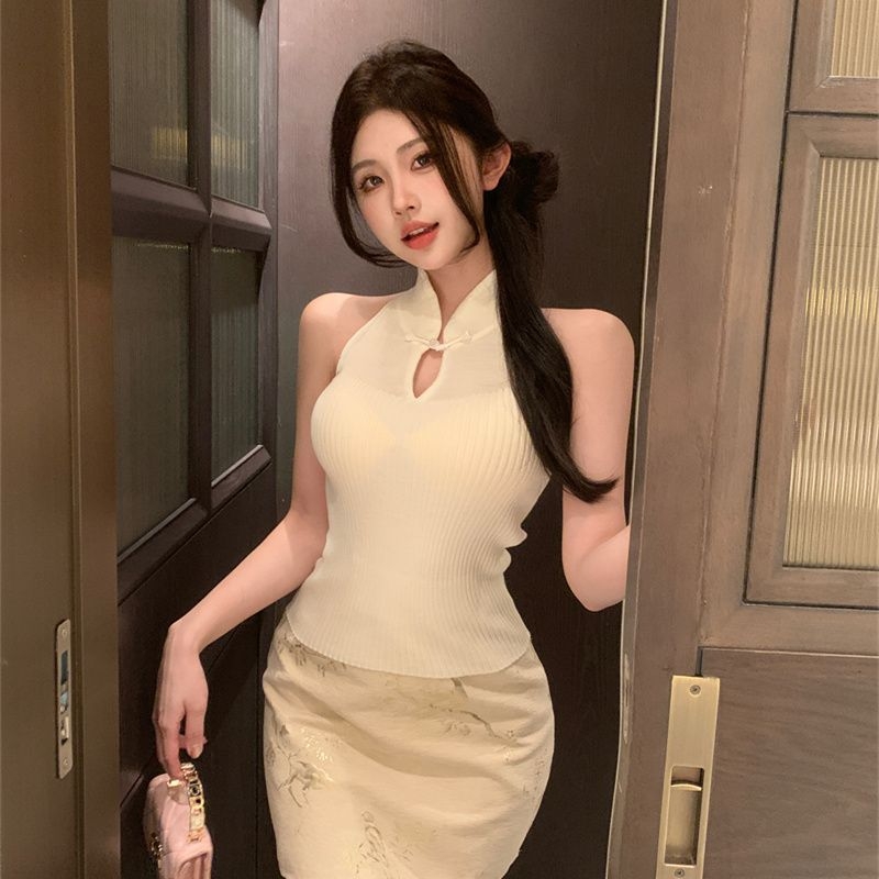 Nauja kiniško stiliaus dengta tuščiavidurė kabanti apykaklė be rankovių megzta moteriška vasarinė „Spice Girl“ plona viršutinio drabužio „Guofeng“ palaidinė