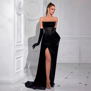 Európske a americké módne sexy zamatové šaty bez rukávov so sieťovaným šitím, banketové rozdelené šaty s rybím chvostom
