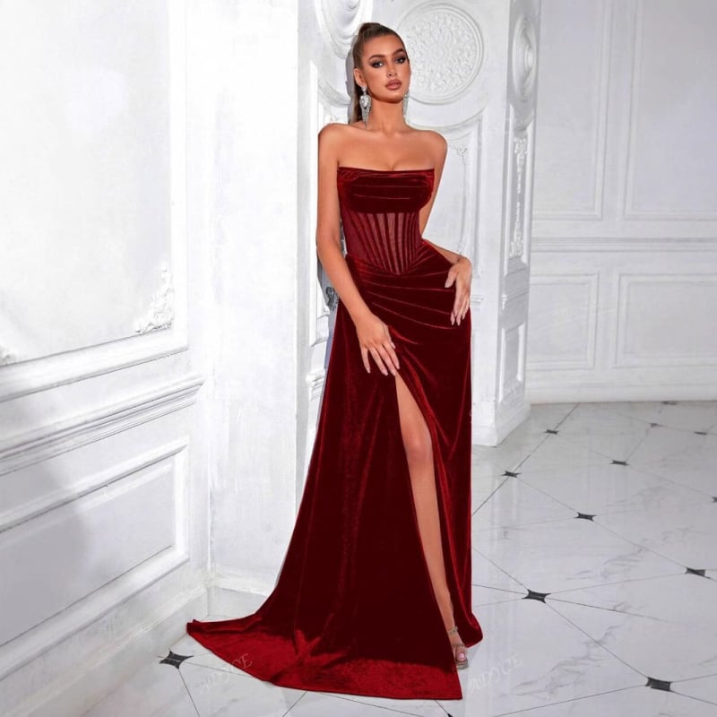 Európske a americké módne sexy zamatové šaty bez rukávov so sieťovaným šitím, banketové rozdelené šaty s rybím chvostom