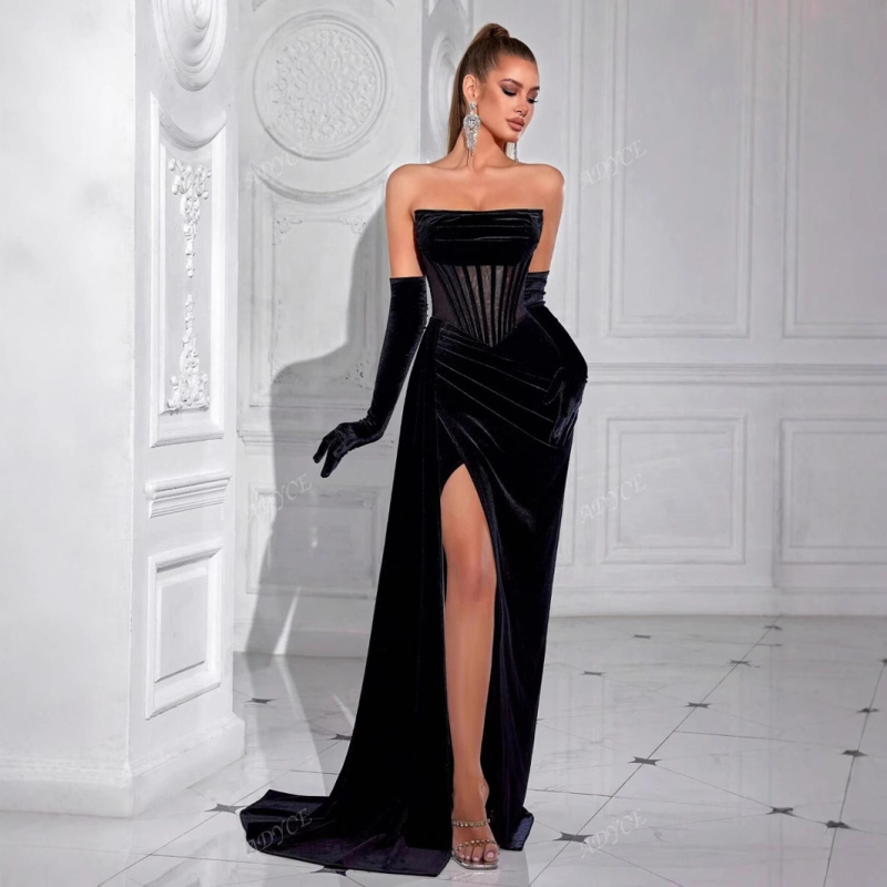 Európske a americké módne sexy zamatové šaty bez rukávov so sieťovaným šitím, banketové rozdelené šaty s rybím chvostom