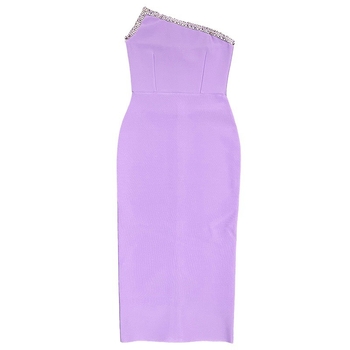 Európske a americké nové dámske obväzové šaty z roku 2023, sexy šikmý golier, kamienkové odhalené ramená, módne večerné šaty s odhalenými ramenami