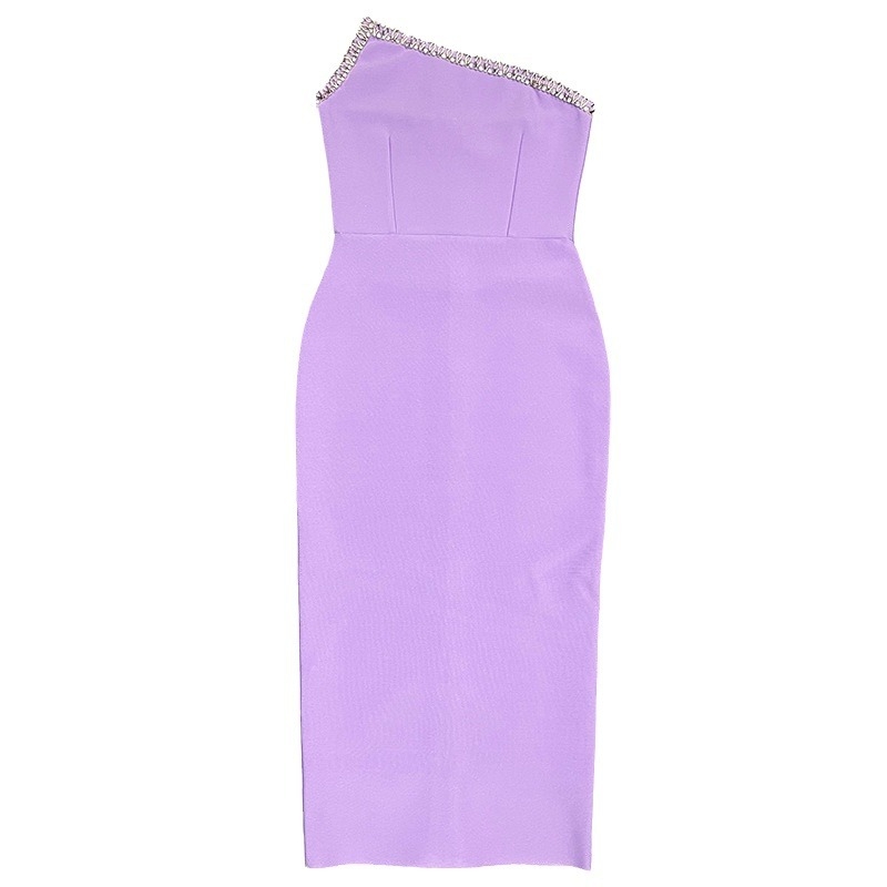 Európske a americké nové dámske obväzové šaty z roku 2023, sexy šikmý golier, kamienkové odhalené ramená, módne večerné šaty s odhalenými ramenami