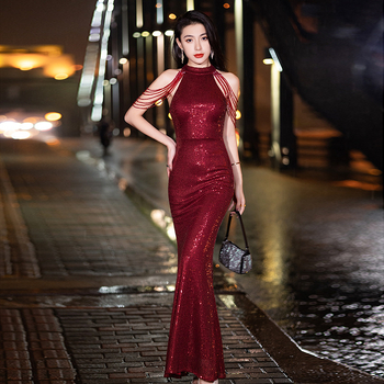 Ľahké luxusné flitrované šaty na toast s rybím chvostom, slim fit dlhé svadobné svadobné zásnubné banketové večerné šaty pre ženy