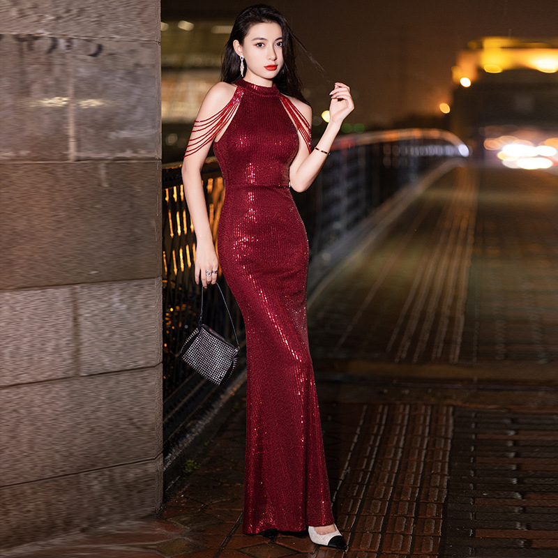 Ľahké luxusné flitrované šaty na toast s rybím chvostom, slim fit dlhé svadobné svadobné zásnubné banketové večerné šaty pre ženy