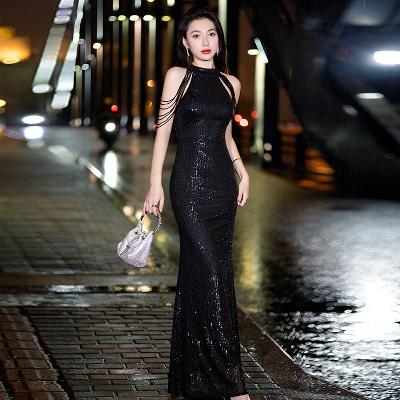 Ľahké luxusné flitrované šaty na toast s rybím chvostom, slim fit dlhé svadobné svadobné zásnubné banketové večerné šaty pre ženy