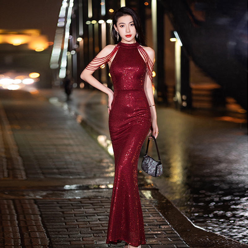 Ľahké luxusné flitrované šaty na toast s rybím chvostom, slim fit dlhé svadobné svadobné zásnubné banketové večerné šaty pre ženy