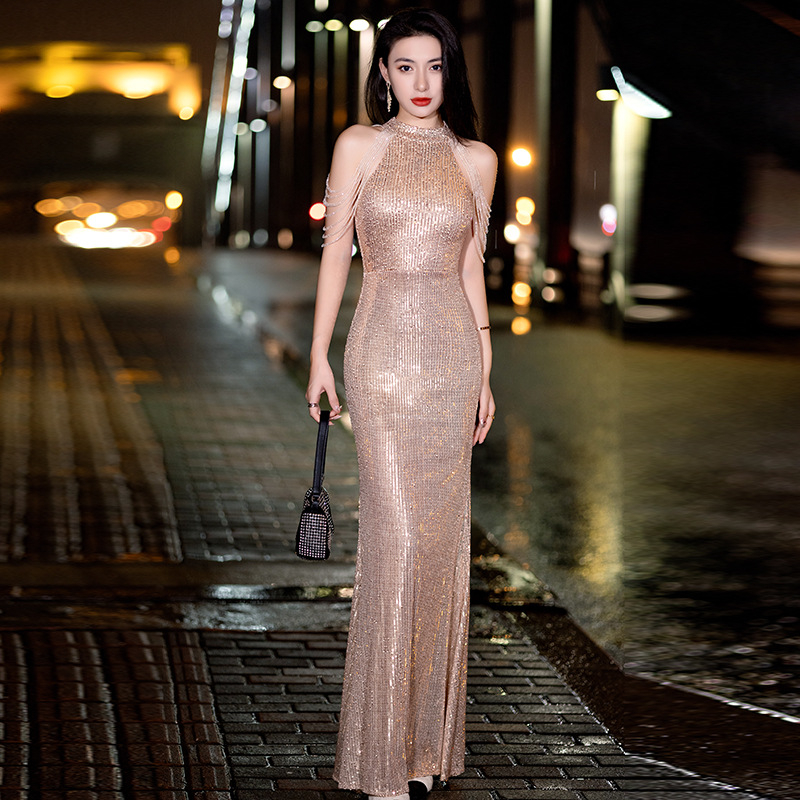 Ľahké luxusné flitrované šaty na toast s rybím chvostom, slim fit dlhé svadobné svadobné zásnubné banketové večerné šaty pre ženy