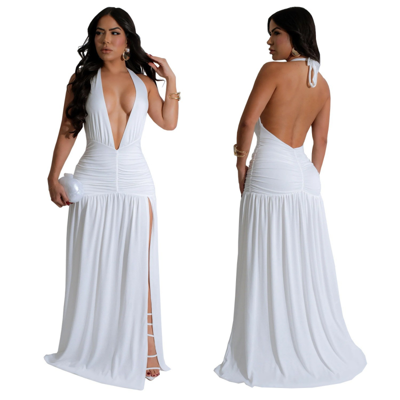 2025-ös, határokon átnyúló AliExpress Amazon európai és amerikai divatos női szexi temperamentumos, lógó nyakú, mély V-nyakú, hasított ruha