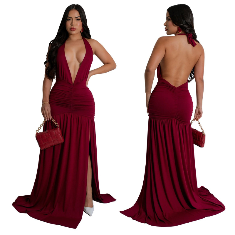 2025-ös, határokon átnyúló AliExpress Amazon európai és amerikai divatos női szexi temperamentumos, lógó nyakú, mély V-nyakú, hasított ruha