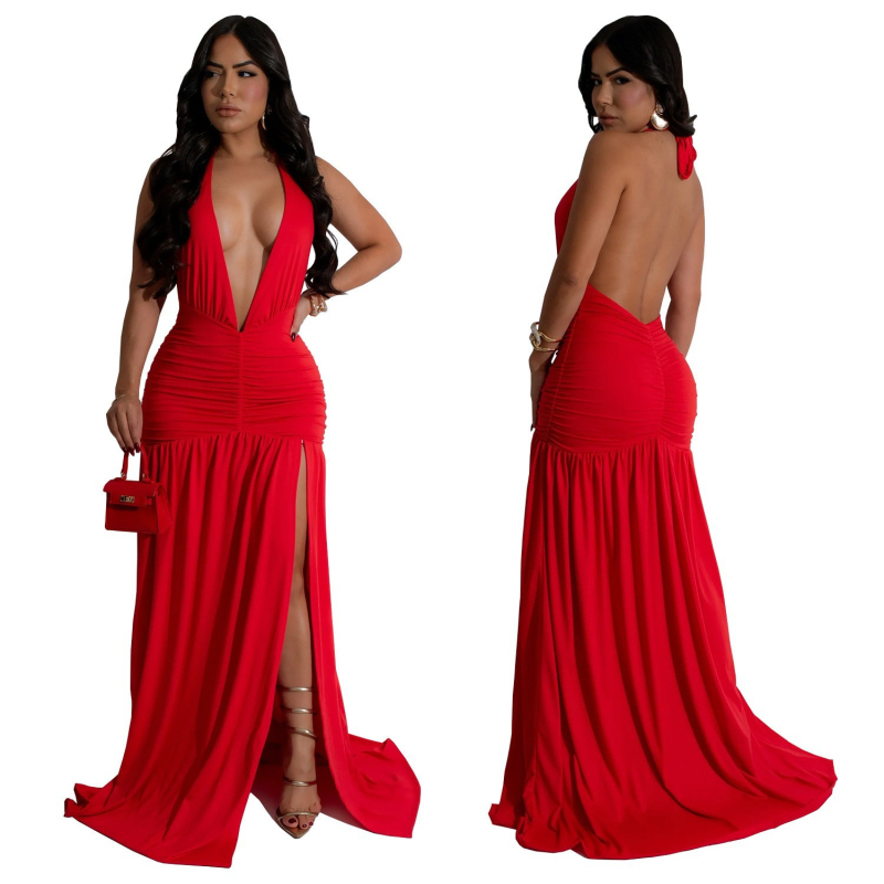 2025-ös, határokon átnyúló AliExpress Amazon európai és amerikai divatos női szexi temperamentumos, lógó nyakú, mély V-nyakú, hasított ruha