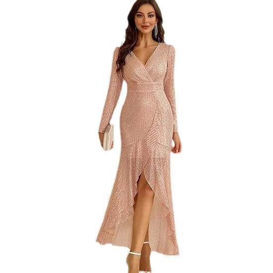 Ženska duga haljina sa šljokicama, dugi rukavi, koktel haljina za vjenčanje, elegantna haljina za zabavu s V-izrezom