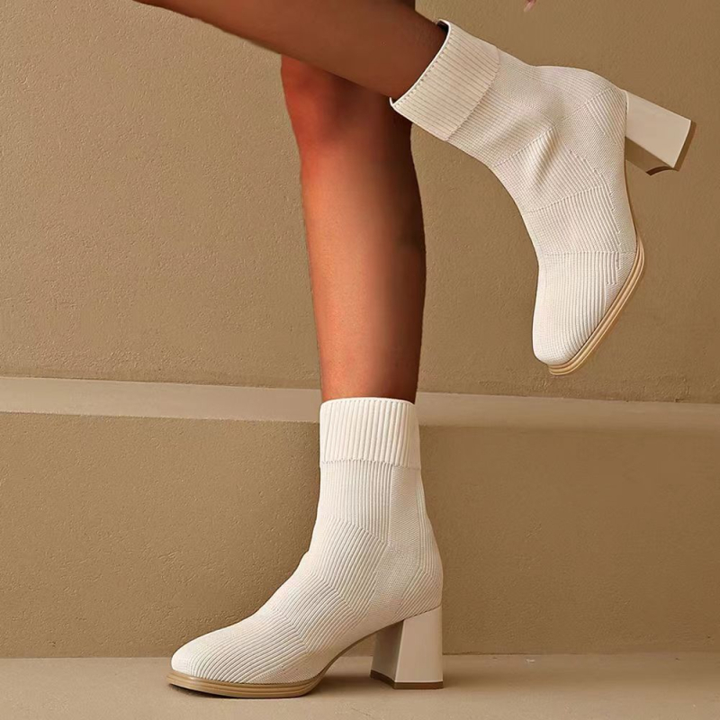 Cizme cu toc înalt și elastice, cu vârf pătrat, până la jumătatea gambei, 2025, șosete noi pentru femei, cizme cu toc gros tricotat, cizme subțiri, cizme cu toc mediu, cizme scurte, cizme de șosete