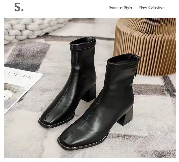 Ghete Martin pentru femei 2022, noi pentru toamna și iarna, stil coreean, cu cap pătrat, toc gros, fermoar, toc înalt, căptușeală din fleece, subțire și scurte, toamna și iarna