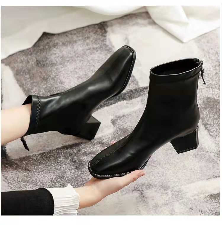 Ghete Martin pentru femei 2022, noi pentru toamna și iarna, stil coreean, cu cap pătrat, toc gros, fermoar, toc înalt, căptușeală din fleece, subțire și scurte, toamna și iarna