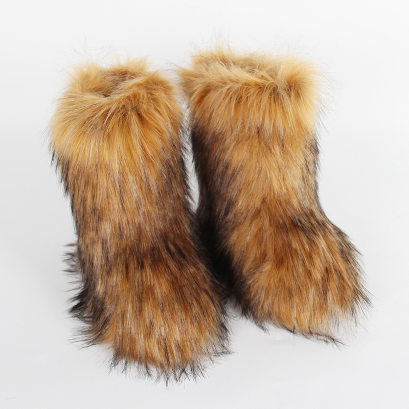 Cizme de zăpadă noi transfrontaliere europene și americane, cu toc plat, înalte, calde, de iarnă, Mao Mao, cizme cu tub mediu, imitație de Fox Mao, cizme hip-hop