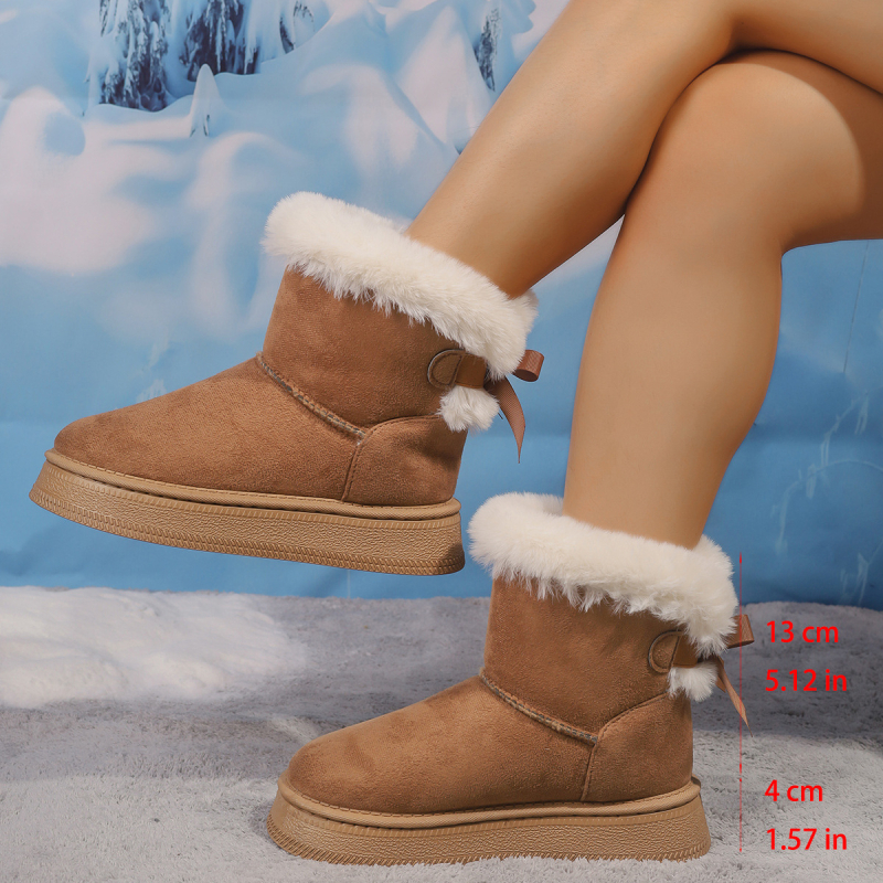 Cizme de zăpadă cu talpă groasă și vârf rotund pentru femei, toamna și iarna 2025, cu funde, casual, din catifea, calde, îngroșate, din bumbac, pentru femei