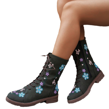 Cizme Martin transfrontaliere 2024 europene și americane de iarnă noi cu cap rotund cu toc gros și dantelă brodate pentru femei, cizme de mărime plus, pantofi pentru femei, comerț exterior