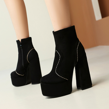 Dámske čižmy z matného zamatu 40, rytierske čižmy s podpätkom, módne pouličné čižmy na vysokom podpätku 44, krátke, hrubé, plus size, šitie, bavlna