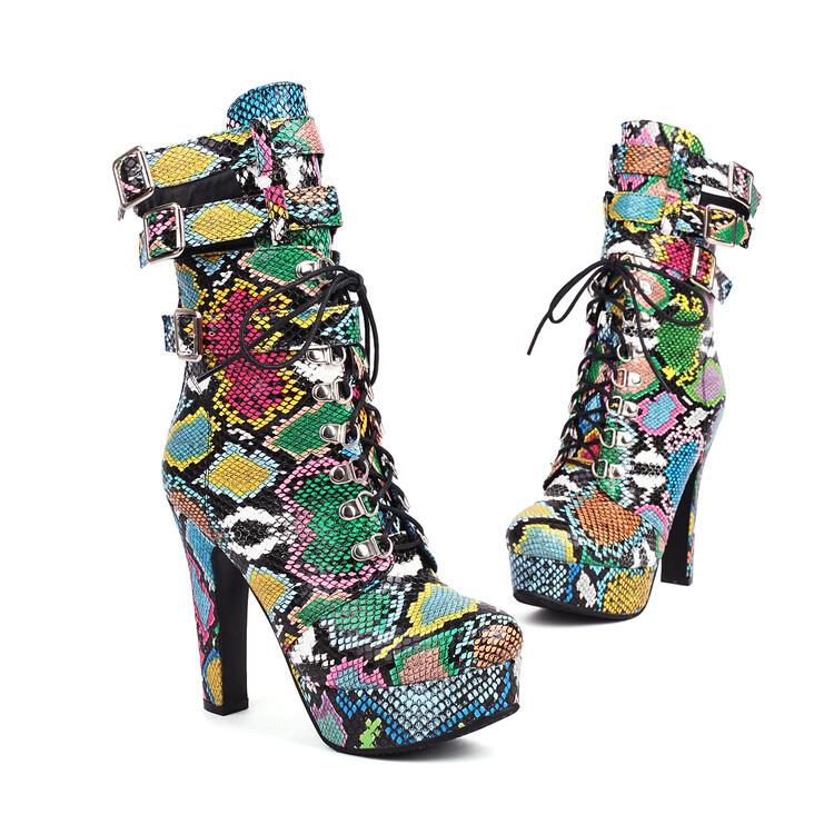 2023. aasta väliskaubanduse sügis ja talv Uued Euroopa ja Ameerika mao mustriga piimamustriga vööpandlaga eesmised pitsilised platvormiga paksu kontsaga kõrge kontsaga pahkluusaapad