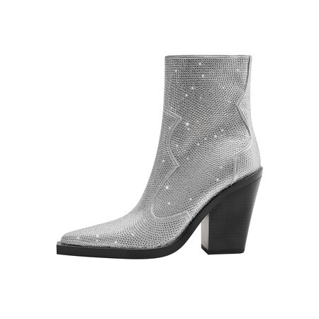 Piiriülesed sõltumatud jaamad moekate catwalk'i paksu kontsaga rhinestones BlingBling lühikesed saapad naiste kingad Denim Cowboy Bo