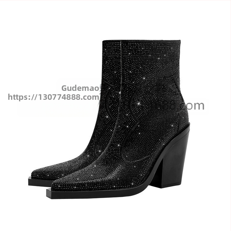 Cezhraničné nezávislé stanice v módnom móle hrubý podpätok s kamienkami BlingBling krátke čižmy dámske topánky Denim Cowboy Bo
