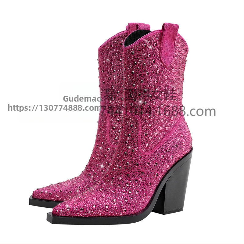 Cezhraničné nezávislé stanice v módnom móle hrubý podpätok s kamienkami BlingBling krátke čižmy dámske topánky Denim Cowboy Bo