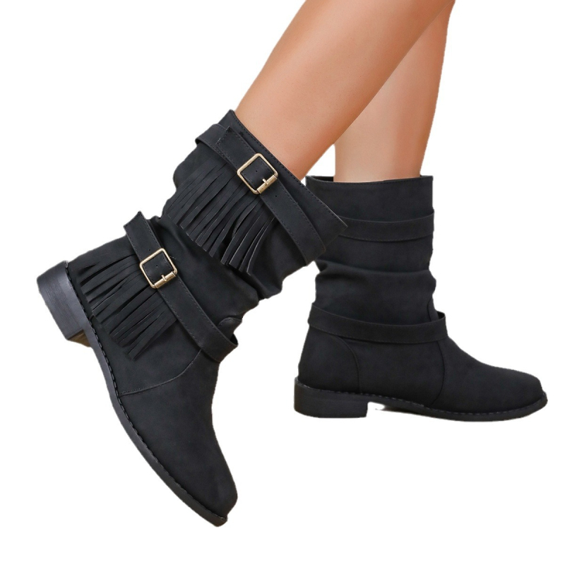 2023 cizme noi pentru comerț exterior, până la jumătatea gambei, cu vârf rotund, cu ciucuri, cizme de țigară pentru femei, mărime plus, cizme de cavaler, cataramă de curea, cizme de damă