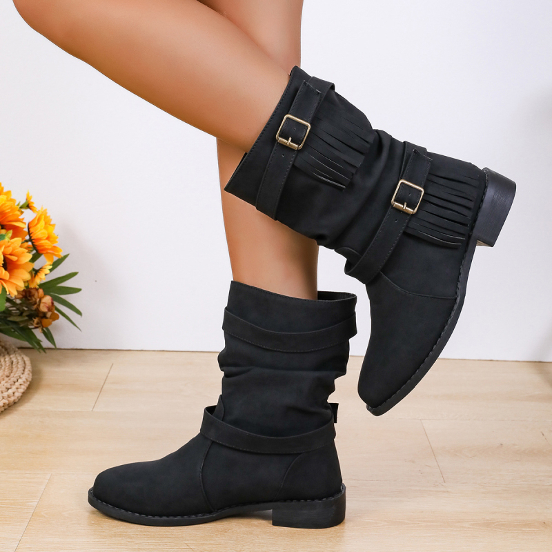 2023 cizme noi pentru comerț exterior, până la jumătatea gambei, cu vârf rotund, cu ciucuri, cizme de țigară pentru femei, mărime plus, cizme de cavaler, cataramă de curea, cizme de damă