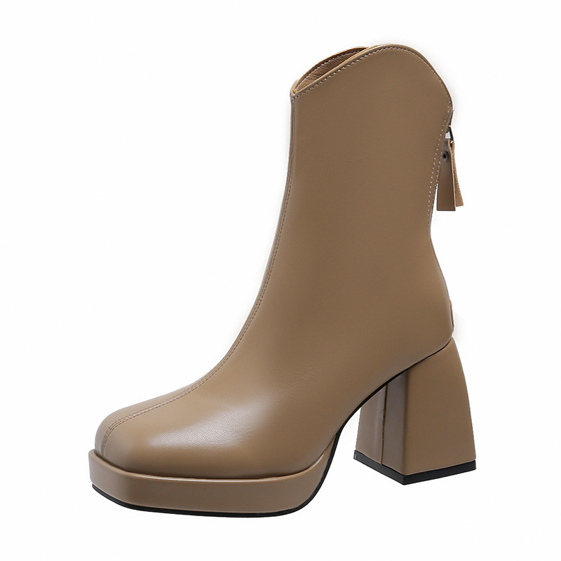 Dámske čižmy Martinky s hrubým podpätkom, vodotesnou platformou a štvorcovou špičkou, so zipsom vzadu, kožené, na jeseň a zimu 2024