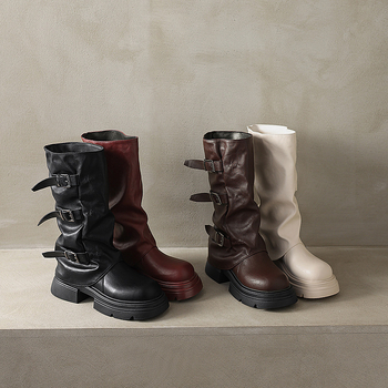 2024 Noutate Sosire Pământ în stilul cataramă plisată pentru curea exterioară Cizme de cowboy occidentale cu talpă groasă Cizme de mijloc vechi cu fermoar lateral pentru femei