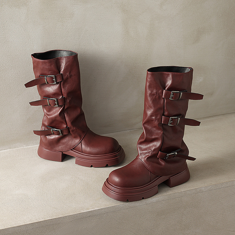 2024 Noutate Sosire Pământ în stilul cataramă plisată pentru curea exterioară Cizme de cowboy occidentale cu talpă groasă Cizme de mijloc vechi cu fermoar lateral pentru femei