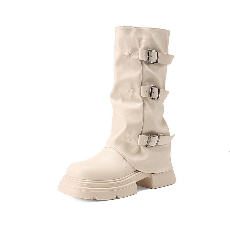 2024 Noutate Sosire Pământ în stilul cataramă plisată pentru curea exterioară Cizme de cowboy occidentale cu talpă groasă Cizme de mijloc vechi cu fermoar lateral pentru femei