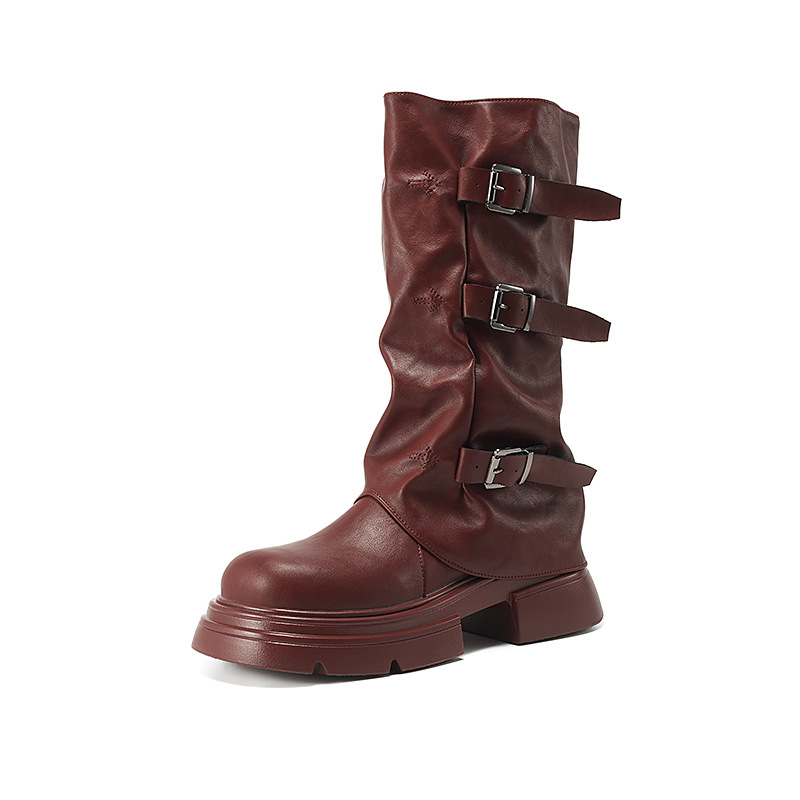 2024 Noutate Sosire Pământ în stilul cataramă plisată pentru curea exterioară Cizme de cowboy occidentale cu talpă groasă Cizme de mijloc vechi cu fermoar lateral pentru femei