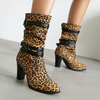 Dámske čižmy s leopardím vzorom, hrubým podpätkom a prackou na hrubom podpätku, 35-48 európskych a amerických topánok so zahraničným obchodom, cezhraničný rozmer, plus size H695
