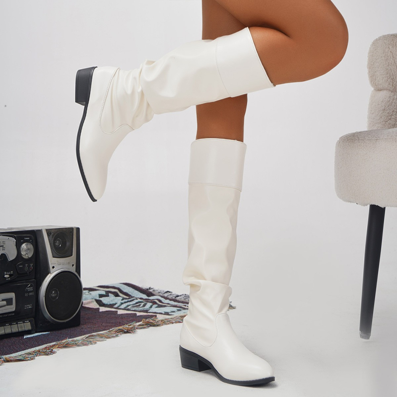 Cizme lungi noi pentru femei, toc pătrat, plisate, europene și americane, toamna și iarna 2023, cizme înalte pentru comerț exterior, cizme de cavaler cu arc, mărime plus, pentru femei