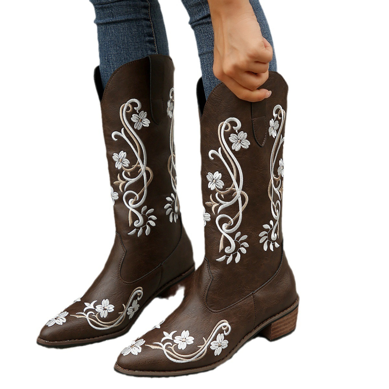 Nové jesenné a zimné módne západné džínsové vyšívané čižmy Martin pre ženy, cezhraničný zahraničný obchod, plus veľkosť, špicaté čižmy s nízkym podpätkom do polovice lýtok