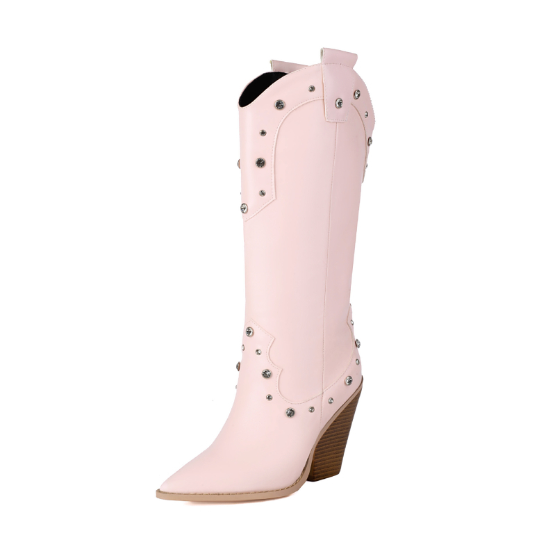 Cizme de damă Western Denim 40-48, comerț exterior transfrontalier, toamnă și iarnă, cizme cu toc înalt și nituri, ascuțite, H874