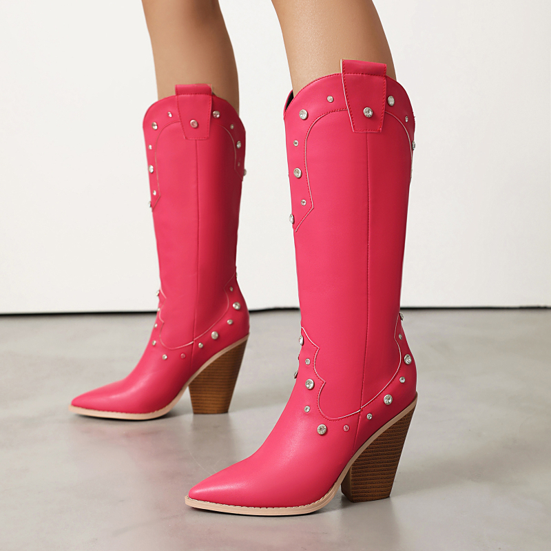 Cizme de damă Western Denim 40-48, comerț exterior transfrontalier, toamnă și iarnă, cizme cu toc înalt și nituri, ascuțite, H874